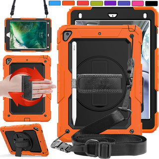 Pachet complet 360ø Sigloo: Hus? Shockproof Armor + Folie integrat? pentru Apple iPad 9th/8th/7th Gen (2021/2020/2019), 10.2", cu stand rotativ, suport creion, curea umar,Portocaliu Neon