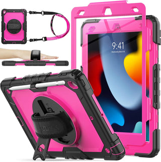 Pachet complet 360° Sigloo: Husă Shockproof Armor + Folie integrată pentru Apple iPad 9th/8th/7th Gen (2021/2020/2019), 10.2",  cu stand rotativ și curea umar,Roz cu Negru