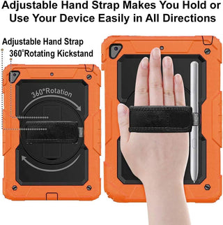 Pachet complet 360ø Sigloo: Hus? Shockproof Armor + Folie integrat? pentru Apple iPad 9th/8th/7th Gen (2021/2020/2019), 10.2", cu stand rotativ, suport creion, curea umar,Portocaliu Neon