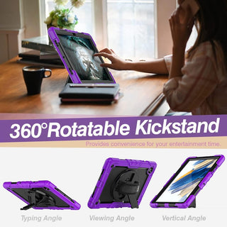 Pachet 360° Sigloo: Husa Shockproof Armor + Folie integrata pentru Samsung Galaxy Tab A7 10.4" cu stand rotativ, curea umar, Mov cu Negru