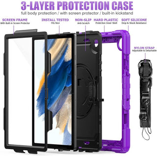 Pachet complet 360° Sigloo pentru Samsung Galaxy Tab A 8.0" 2019 (SM-T290/T295) – Husa Shockproof, Curea de Umar, Maner Rotativ, Folie Inclusa, Mov