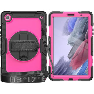 Pachet 360 pentru Samsung Galaxy Tab A7 Lite(SM-T220/T225), 8.7", Sigloo, husa cu folie de protectie si curea de umar, suport 360, negru cu roz