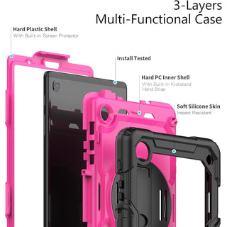 Pachet 360 pentru Samsung Galaxy Tab A7 Lite(SM-T220/T225), 8.7", Sigloo, husa cu folie de protectie si curea de umar, suport 360, negru cu roz