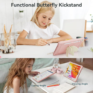Husa Sigloo pentru iPad 9.7" (iPad 5/6, Air 2, Pro 9.7) cu Suport Aripi de Fluture, Suport Creion, Protectie Rigida Antisoc – Roz