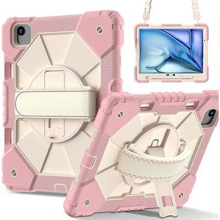 Husa rezistenta pentru iPad Air 11" (M2 2024 / Generatia 6), cu suport rotativ 360°, suport pentru stylus si curea de umar – Roz auriu