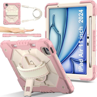 Husa rezistenta pentru iPad Air 11" (M2 2024 / Generatia 6), cu suport rotativ 360°, suport pentru stylus si curea de umar – Roz auriu