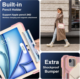 Husa rezistenta pentru iPad Air 11" (M2 2024 / Generatia 6), cu suport rotativ 360°, suport pentru stylus si curea de umar – Roz auriu