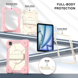 Husa rezistenta pentru iPad Air 11" (M2 2024 / Generatia 6), cu suport rotativ 360°, suport pentru stylus si curea de umar – Roz auriu