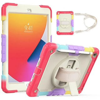 Pachet complet 360° Sigloo: Husa Shockproof Armor + Folie integrata pentru Apple iPad 9th/8th/7th Gen (2021/2020/2019), 10.2", cu stand rotativ, suport creion, curea umar, Rosu Aprins