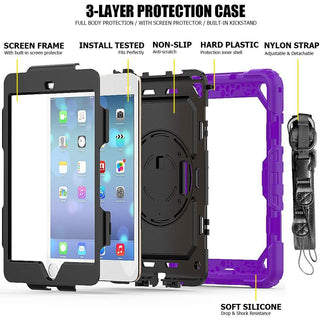 Pachet complet 360° Sigloo: Husa Shockproof Armor + Folie integrata pentru Apple iPad 9th/8th/7th Gen (2021/2020/2019), 10.2", cu stand rotativ, suport creion, curea umar, Rosu Aprins