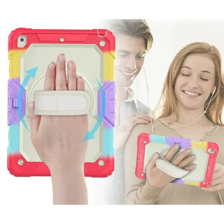 Pachet complet 360° Sigloo: Husa Shockproof Armor + Folie integrata pentru Apple iPad 9th/8th/7th Gen (2021/2020/2019), 10.2", cu stand rotativ, suport creion, curea umar, Rosu Aprins