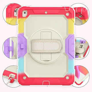 Pachet complet 360° Sigloo: Husa Shockproof Armor + Folie integrata pentru Apple iPad 9th/8th/7th Gen (2021/2020/2019), 10.2", cu stand rotativ, suport creion, curea umar, Rosu Aprins