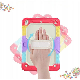 Pachet complet 360° Sigloo: Husa Shockproof Armor + Folie integrata pentru Apple iPad 9th/8th/7th Gen (2021/2020/2019), 10.2", cu stand rotativ, suport creion, curea umar, Rosu Aprins