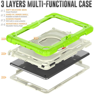 Pachet complet 360° Sigloo: Husa Shockproof Armor + Folie integrata pentru Apple iPad 9th/8th/7th Gen (2021/2020/2019), 10.2", cu stand rotativ, Verde cu Crem