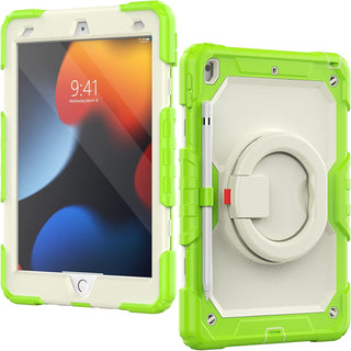 Pachet complet 360° Sigloo: Husa Shockproof Armor + Folie integrata pentru Apple iPad 9th/8th/7th Gen (2021/2020/2019), 10.2", cu stand rotativ, Verde cu Crem