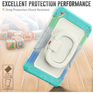 Pachet 360° pentru iPad 9.7" (iPad 5/6, Air 2, Pro 9.7) – Husa Sigloo, Stand Rotativ, Folie Protectie, Curea de Umar, Camouflage Albastru Deschis