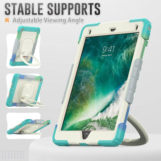 Pachet 360° pentru iPad 9.7" (iPad 5/6, Air 2, Pro 9.7) – Husa Sigloo, Stand Rotativ, Folie Protectie, Curea de Umar, Camouflage Albastru Deschis