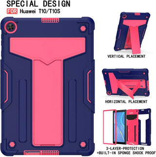 Husa Sigloo pentru tableta Huawei T10 / T10S – Husa Hibrida 3-Straturi, Antisoc, cu Suport Pliabil – Albastru Marin + Rosu Trandafiriu