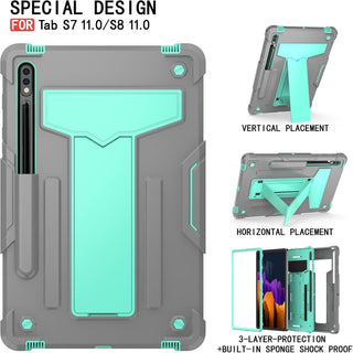 Husa Sigloo pentru Galaxy Tab S8(X700/X706) / S7 (T870/T875/T876B), 11", CarcasaAntisoc cu Suport Rabatabil, Gri + Verde deschis