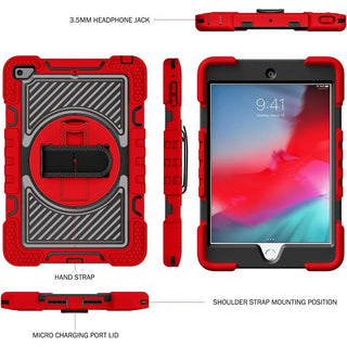 Husa Sigloo pentru iPad Mini 4/5 (2015/2019), 7.9" – 3 Straturi Protectie, Suport Integrat, Curea de umar, Antisoc –Rosu cu Negru