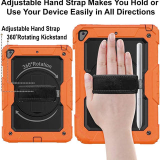 Pachet complet 360° Sigloo: Husa Shockproof Armor + Folie integrata pentru Samsung Galaxy Tab A7 (SM-T500/T505/T507), 10.4" cu stand rotativ, suport creion, curea umar, Portocaliu Neon