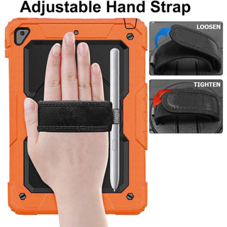 Pachet complet 360° Sigloo: Husa Shockproof Armor + Folie integrata pentru Samsung Galaxy Tab A7 (SM-T500/T505/T507), 10.4" cu stand rotativ, suport creion, curea umar, Portocaliu Neon