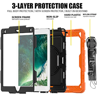 Pachet complet 360° Sigloo: Husa Shockproof Armor + Folie integrata pentru Samsung Galaxy Tab A7 (SM-T500/T505/T507), 10.4" cu stand rotativ, suport creion, curea umar, Portocaliu Neon