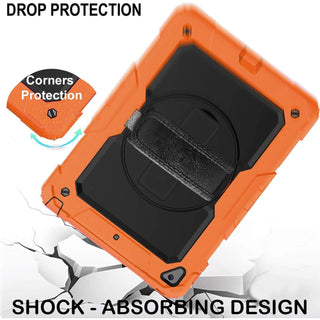 Pachet complet 360° Sigloo: Husa Shockproof Armor + Folie integrata pentru Samsung Galaxy Tab A7 (SM-T500/T505/T507), 10.4" cu stand rotativ, suport creion, curea umar, Portocaliu Neon