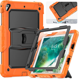 Husa Sigloo pentru iPad 9.7" (iPad 5/6, Air 2, Pro 9.7) – 3 Straturi Protectie, Suport Integrat, Ecran Protejat, Antisoc pentru Copii – Portocaliu