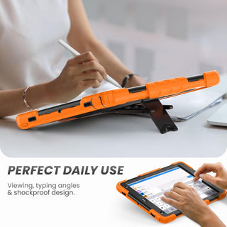 Husa Sigloo pentru iPad 9.7" (iPad 5/6, Air 2, Pro 9.7) – 3 Straturi Protectie, Suport Integrat, Ecran Protejat, Antisoc pentru Copii – Portocaliu