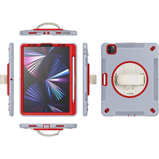 Pachet complet Sigloo 360° pentru iPad Air 5/4 (10.9 inch) - Husa Shockproof cu folie, suport rotativ si suport creion - Gri & Rosu