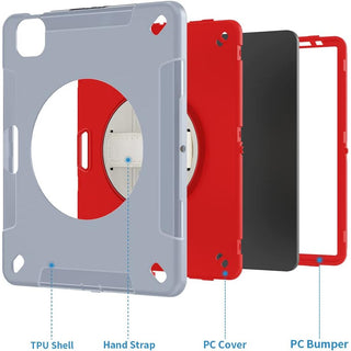 Pachet complet Sigloo 360° pentru iPad Air 5/4 (10.9 inch) - Husa Shockproof cu folie, suport rotativ si suport creion - Gri & Rosu