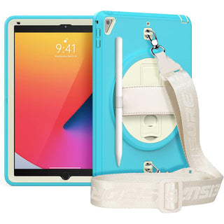 Pachet 360 pentru iPad 9.7" (iPad Air 2, iPad 5/6, iPad Pro 9.7) – Husa Sigloo cu folie inclusa, curea de umar si suport rotativ, Albastru cu Crem