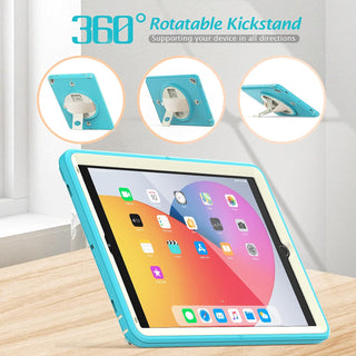 Pachet 360 pentru iPad 9.7" (iPad Air 2, iPad 5/6, iPad Pro 9.7) – Husa Sigloo cu folie inclusa, curea de umar si suport rotativ, Albastru cu Crem