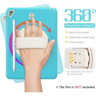 Pachet 360 pentru iPad 9.7" (iPad Air 2, iPad 5/6, iPad Pro 9.7) – Husa Sigloo cu folie inclusa, curea de umar si suport rotativ, Albastru cu Crem