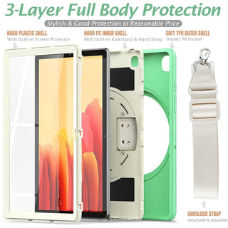 Pachet 360° Sigloo: Husa Shockproof Armor + Folie integrata pentru Samsung Galaxy Tab A7 10.4" cu stand rotativ, curea umar, Verde deschis