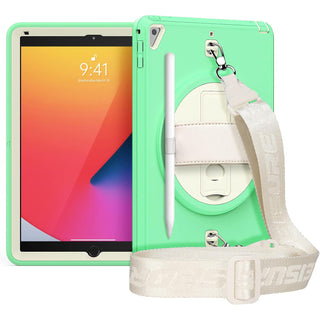 Pachet 360 pentru iPad 9.7" (iPad Air 2, iPad 5/6, iPad Pro 9.7) – Husa Sigloo cu folie inclusa, curea de umar si suport rotativ, Verde cu Crem