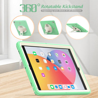 Pachet 360 pentru iPad 9.7" (iPad Air 2, iPad 5/6, iPad Pro 9.7) – Husa Sigloo cu folie inclusa, curea de umar si suport rotativ, Verde cu Crem