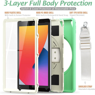 Pachet 360 pentru iPad 9.7" (iPad Air 2, iPad 5/6, iPad Pro 9.7) – Husa Sigloo cu folie inclusa, curea de umar si suport rotativ, Verde cu Crem