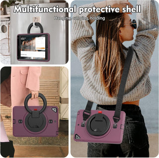 Pachet 360 pentru iPad 9.7" (iPad Air 2, iPad 5/6, iPad Pro 9.7) – Husa Sigloo cu folie inclusa, curea de umar si suport rotativ, Mov inchis