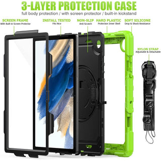 Pachet 360 pentru Samsung Galaxy Tab A8 (X200/X205/X207) 10.5" 2022 – cu folie inclusa, curea de umar si suport rotativ, Negru + Verde