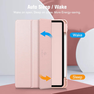 Husa premium tableta Apple iPad Air 11" (2024), Sigloo, interior imitatie piele, suport Smart Pen, spate din PC transparent, rezista la socuri, Roz Gold