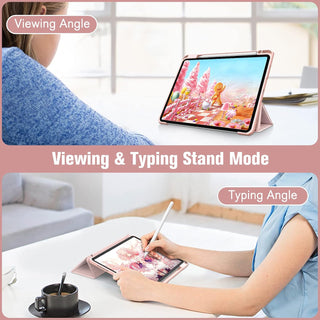 Husa premium tableta Apple iPad Air 11" (2024), Sigloo, interior imitatie piele, suport Smart Pen, spate din PC transparent, rezista la socuri, Roz Gold