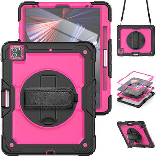Pachet 360 pentru iPad Air13 (2024/2025), iPad Pro 12.9'' (2020/2021/2022), husa Sigloo cu folie inclusa, curea de umar si suport rotativ, Roz cu Negru