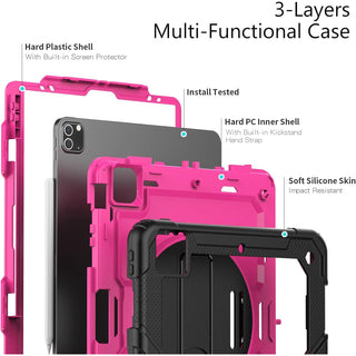 Pachet 360 pentru iPad Air13 (2024/2025), iPad Pro 12.9'' (2020/2021/2022), husa Sigloo cu folie inclusa, curea de umar si suport rotativ, Roz cu Negru