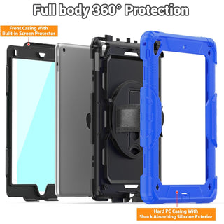 Pachet 360 pentru iPad 9.7" (iPad Air 2, iPad 5/6, iPad Pro 9.7) – Husa Shockproof Armor cu folie inclusa, curea de umar si suport rotativ, Albastru