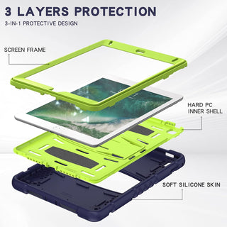 Husa Sigloo pentru iPad 9.7" (iPad 5/6, Air 2, Pro 9.7) – 3 Straturi Protectie, Suport Integrat, Ecran Protejat, Antisoc –Albastru marin cu Verde