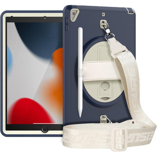 Pachet 360 pentru iPad 9.7" (iPad Air 2, iPad 5/6, iPad Pro 9.7) – Husa Sigloo cu folie inclusa, curea de umar si suport rotativ, Gri inchis