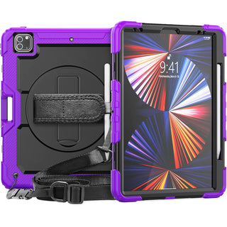 Pachet 360 pentru iPad Air13 (2024/2025), iPad Pro 12.9'' (2020/2021/2022), husa Sigloo cu folie inclusa, curea de umar si suport rotativ, Mov cu Negru