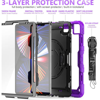 Pachet 360 pentru iPad Air13 (2024/2025), iPad Pro 12.9'' (2020/2021/2022), husa Sigloo cu folie inclusa, curea de umar si suport rotativ, Mov cu Negru